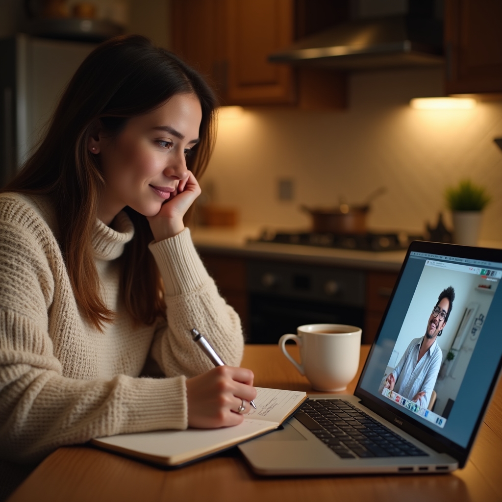 Osoba si dělá poznámky u stolu během sledování online webináře o energetice