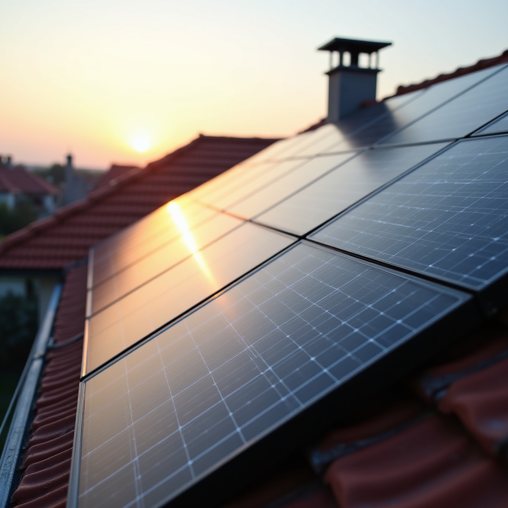 Instalace solárních panelů na střeše rodinného domu při ranním světle