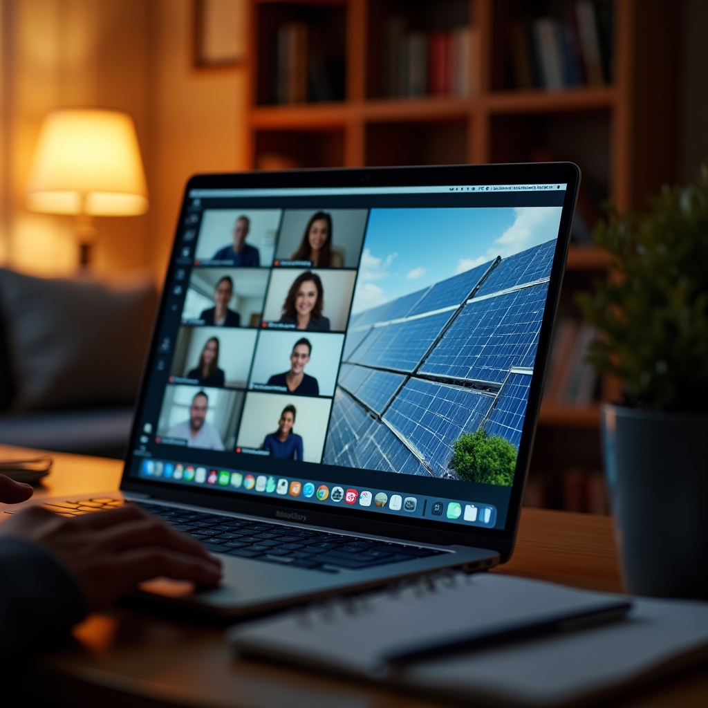 Obrazovka počítače zobrazující účastníky online webináře o energetice